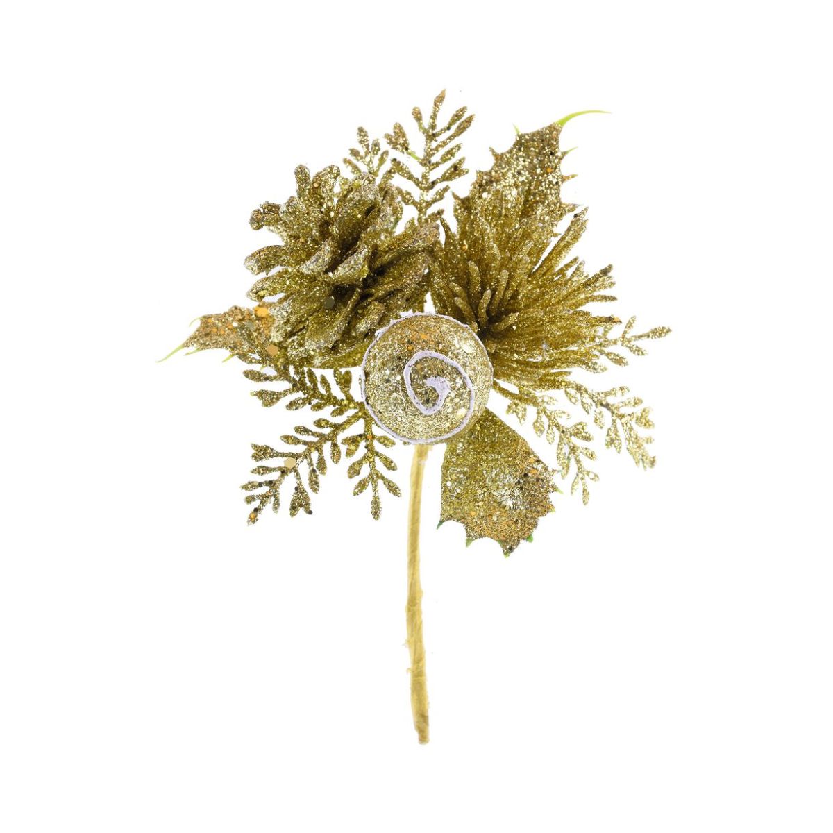 Ramura decorativa de Craciun 15 cm aurie cu con - Cone MagicHome, 1, hectarul.ro