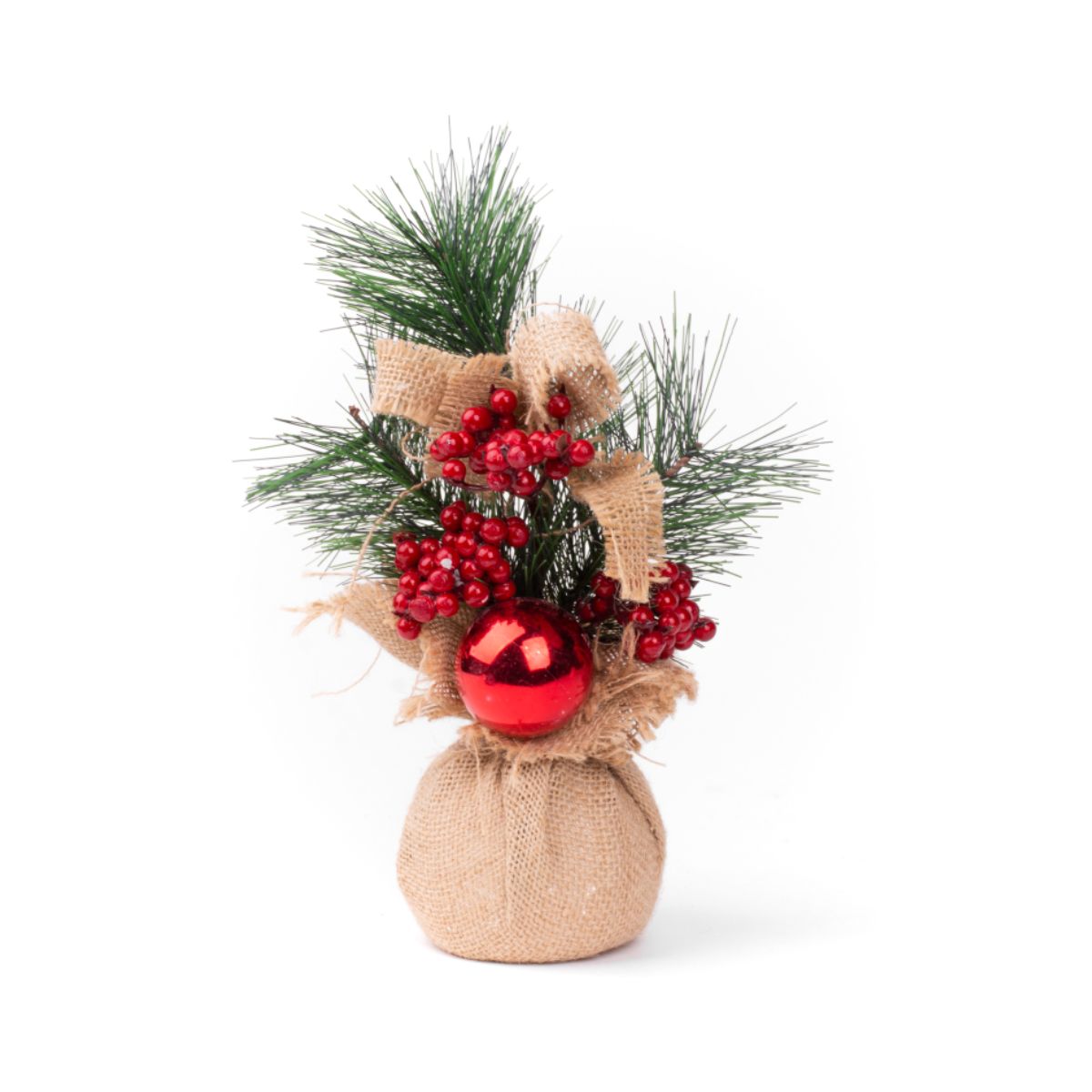 Decoratiune de Craciun 23 cm – Ramura de pin cu bobite si glob rosu, suport sac de iuta - MagicHome, 1, hectarul.ro