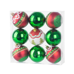 Set 9 globuri de Craciun Ø6 cm rosu-verde-alb cu detalii contrast, plastic - MagicHome