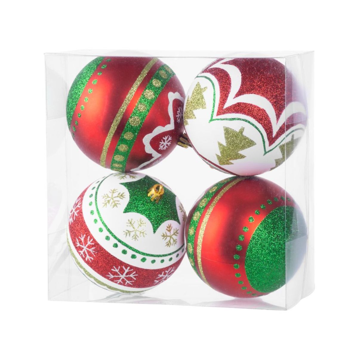 Set 4 globuri de Craciun Ø10 cm rosu-verde-alb cu detalii contrast, plastic - MagicHome, 1, hectarul.ro