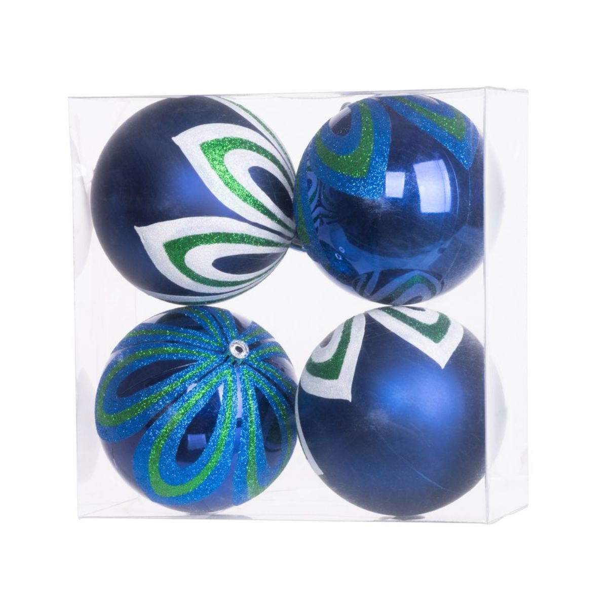 Set 4 globuri de Craciun Ø10 cm albastre cu detalii albe, plastic - MagicHome, 1, hectarul.ro