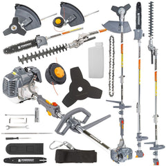 Motocoasă de tuns iarbă multifuncțională pe benzină 4 în 1 – coasă, ferăstrău, foarfece gard viu, Powermat PM-KSW-4HM, 4CP, 42cc