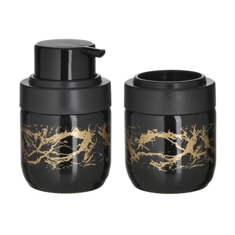 Set de baie cu suport periute de dinti si recipient sapun lichid Negru/Auriu, 1, hectarul.ro