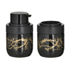 Set de baie cu suport periute de dinti si recipient sapun lichid Negru/Auriu