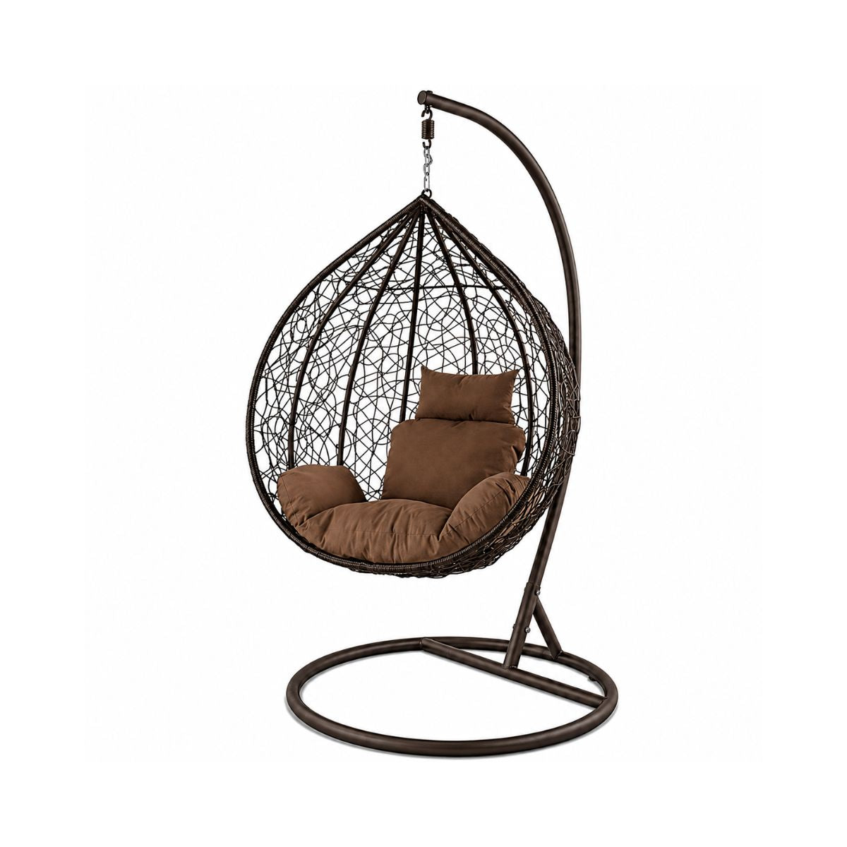 Scaun suspendat tip scoica din ratan, terasa/ balcon, perne maro, cadru otel maro, 105x105x196 cm, 1, hectarul.ro