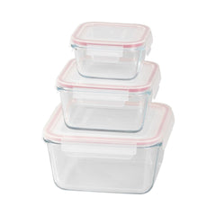 Set 3 caserole patrate din sticla MagicHome, 450/1000/1900 ml, roz