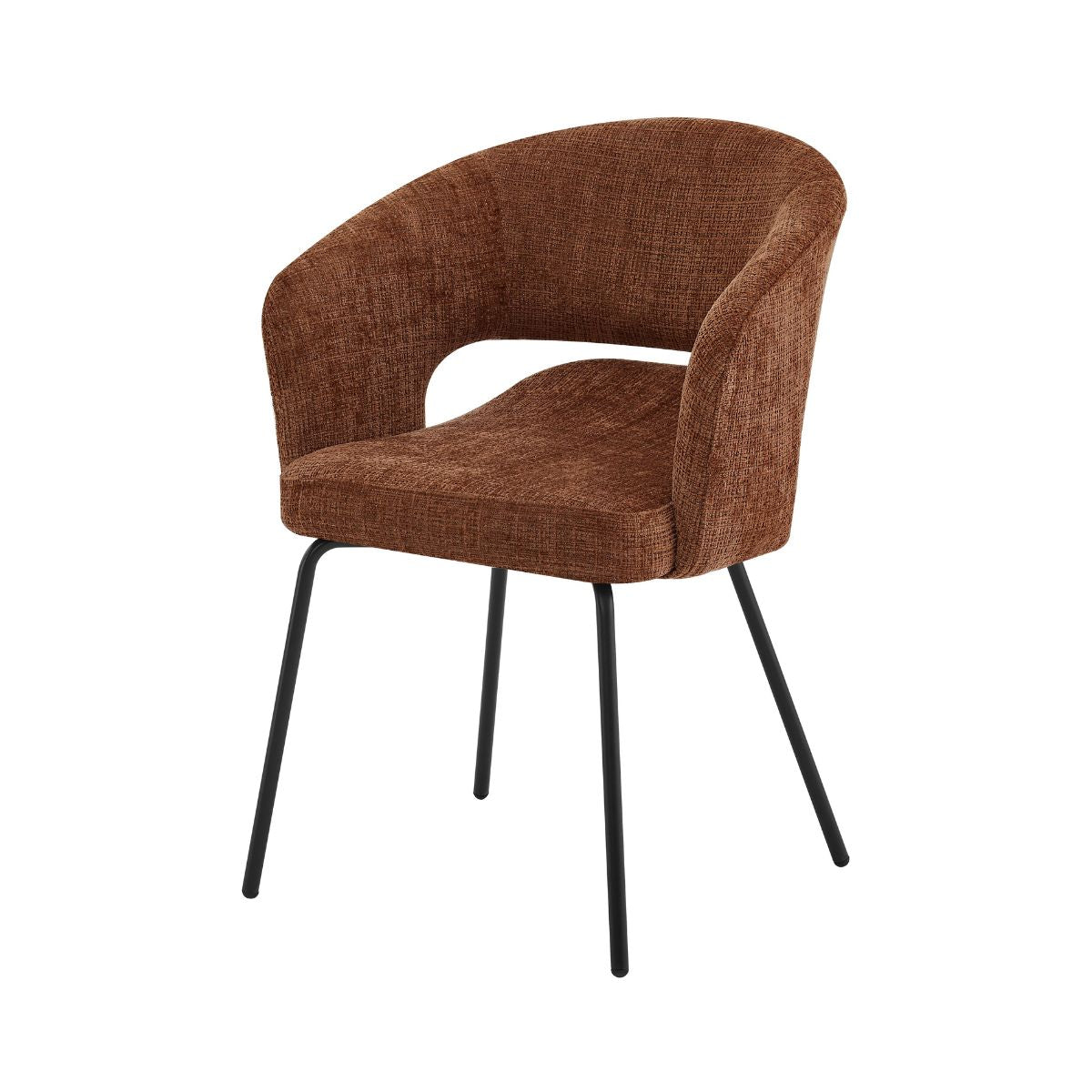 Scaun dining Myrene Ha.ro, maro-cărămiziu, tapițat cu material textil și picioare metalice negre, design modern cu brațe integrate, 1, hectarul.ro