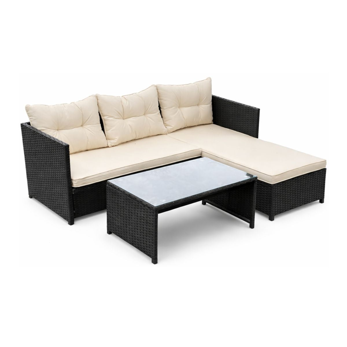 Set pentru terasa modular din 3 piese poliratan negru si perne bej, 1, hectarul.ro