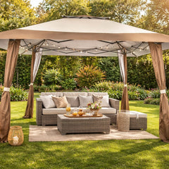 Pavilion gradina cu perdele bej, 3,96 x 3.05m