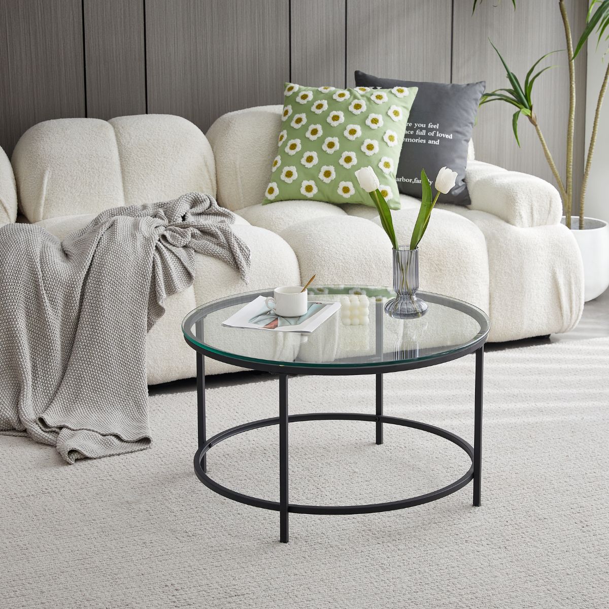 Masuta de cafea rotunda cu cadru metalic negru si blat din sticla securizata 6 mm grosime, 70x40 cm Bayamo HARO, 1, hectarul.ro