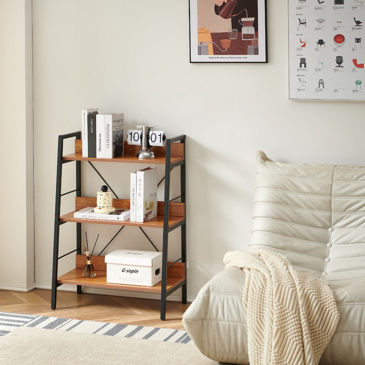 Raft metalic 60x35x85 cm cu polite din MDF melaminat, 15 mm grosime, maro stejar, HARO, 1, hectarul.ro