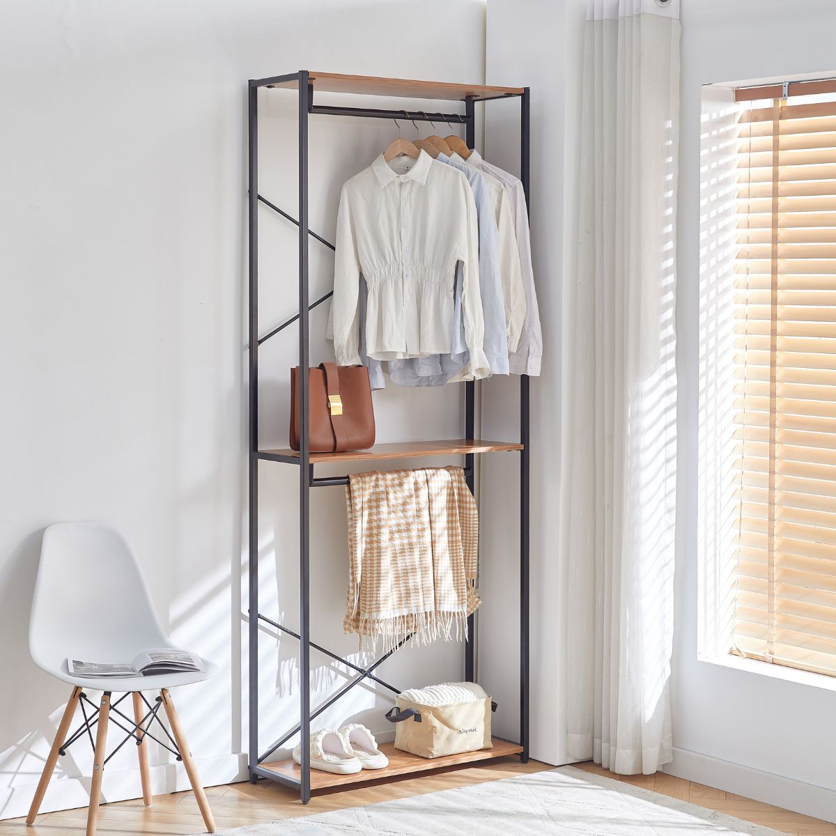 Raft tip dressing cu cadru metalic negru si blat MDF melaminat 15 mm grosime, maro stejar, 84x30x210 cm, HARO, 1, hectarul.ro