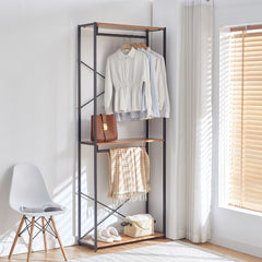 Raft tip dressing cu cadru metalic negru si blat MDF melaminat 15 mm grosime, maro stejar, 84x30x210 cm, HARO