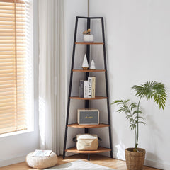 Raft pentru colt cu cadru metalic si blat MDF melaminat 15 mm grosime, maro stejar, 47x45x183 cm HARO