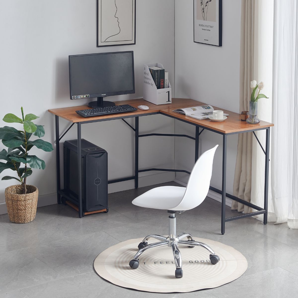 Birou de colt cu cadru metalic negru si blat din MDF melaminat, 15 mm grosime, maro stejar, 128x117x75 cm, Nordic Edge HARO, 1, hectarul.ro