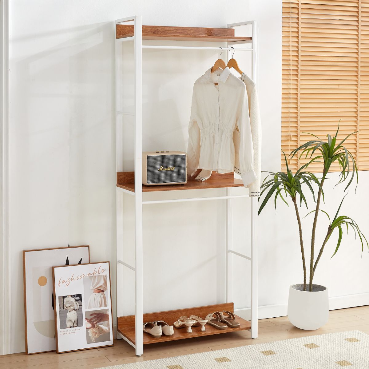 Raft tip dressing cu cadru metalic alb si blat MDF melaminat, 15 mm grosime, maro stejar, 80x35x195 cm Alba HARO, 1, hectarul.ro