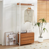 Hectarul - Raft tip dressing cu cadru metalic alb si blat MDF melaminat 15 mm grosime, maro stejar, 80x40x200 cm, Alba HARO