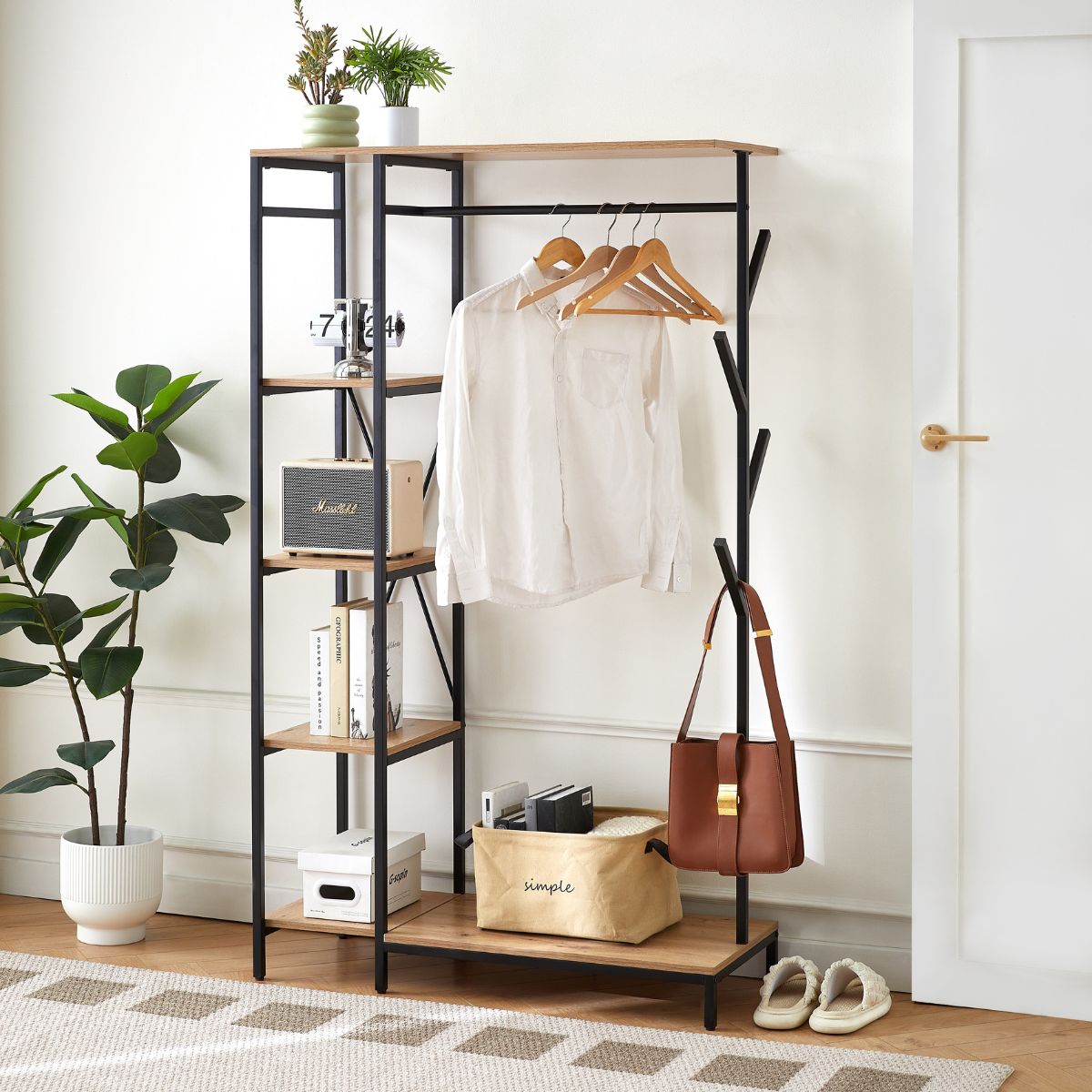 Raft tip dressing cu cadru metalic negru si blat MDF melaminat, 15 mm grosime, maro, 100x40x170 cm, Linea HARO, 1, hectarul.ro