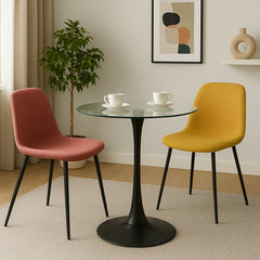 Masa dining rotunda Sablier HARO Ø80x74 cm, blat sticla securizata, picior metalic, design modern
