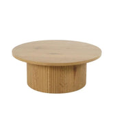 Hectarul - Masuta de cafea rotunda cu cadru metalic si blat din MDF maro deschis, aspect de stejar, 80 cm diametru, 33 cm inaltime