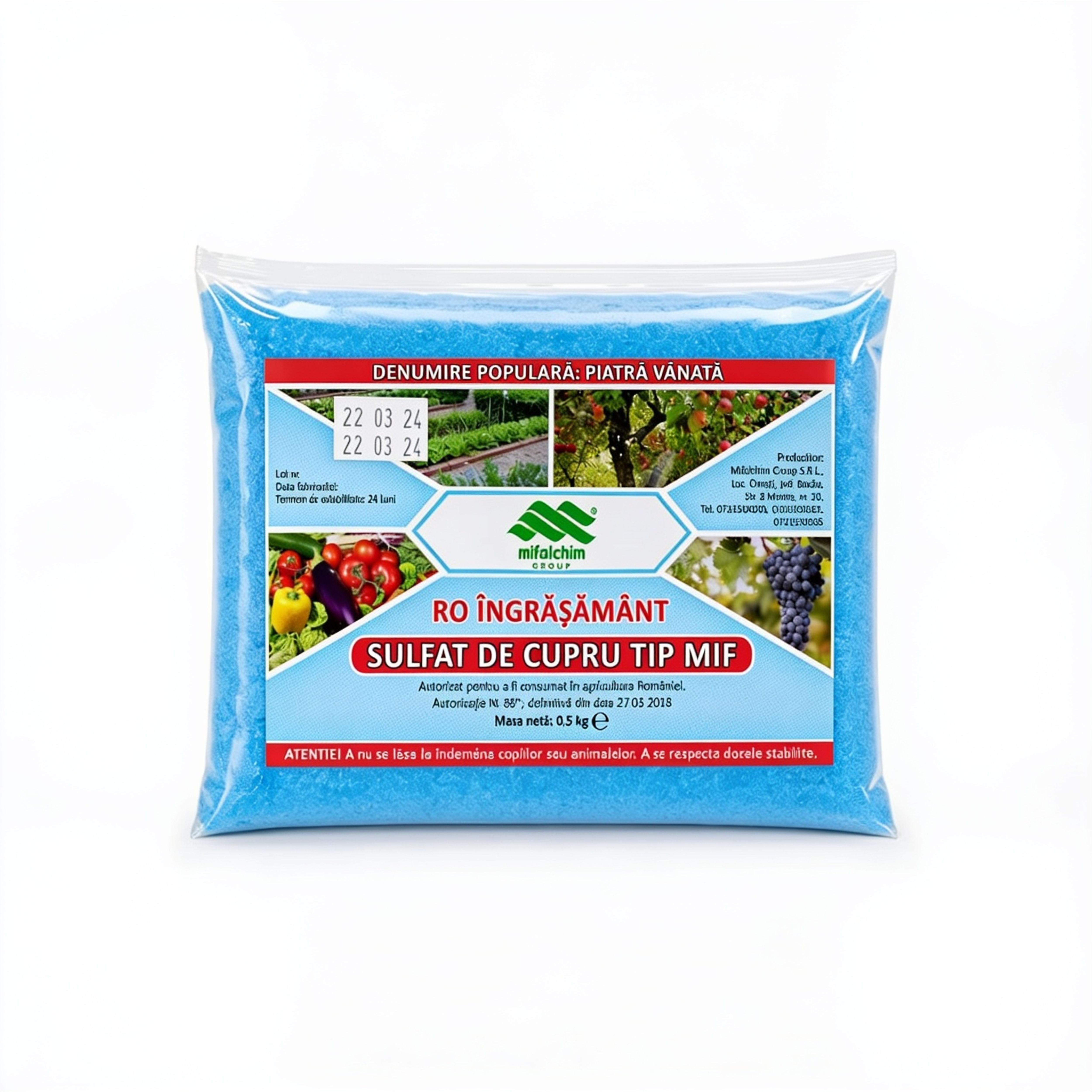 Sulfat de cupru pentahidrat Piatră Vânătă Tip MIF 500 g Mifalchim, 1, hectarul.ro