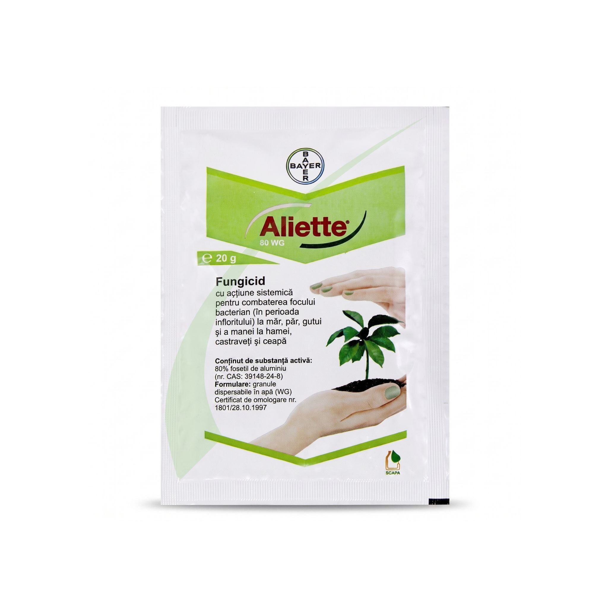 Aliette 80 WG 20 g fungicid sistemic Bayer cu fosetil de aluminiu pentru mană și foc bacterian, 1, hectarul.ro