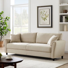 Canapea fixa 3 locuri Cozza, cadru si picioare solide din lemn, tapiserie textila crem, pernite decorative incluse, 212x78x87 cm