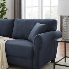 Canapea fixa 3 locuri Cozza, cadru si picioare solide din lemn, tapiserie textila bleu, pernite decorative incluse, 212x78x87 cm