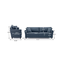 Canapea fixa 3 locuri Cozza, cadru si picioare solide din lemn, tapiserie textila bleu, pernite decorative incluse, 212x78x87 cm