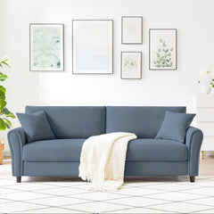 Canapea fixa 3 locuri Cozza, cadru si picioare solide din lemn, tapiserie textila bleu, pernite decorative incluse, 212x78x87 cm