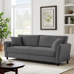 Canapea fixa 3 locuri Cozza, cadru si picioare solide din lemn, tapiserie textila gri, pernite decorative incluse, 212x78x87 cm