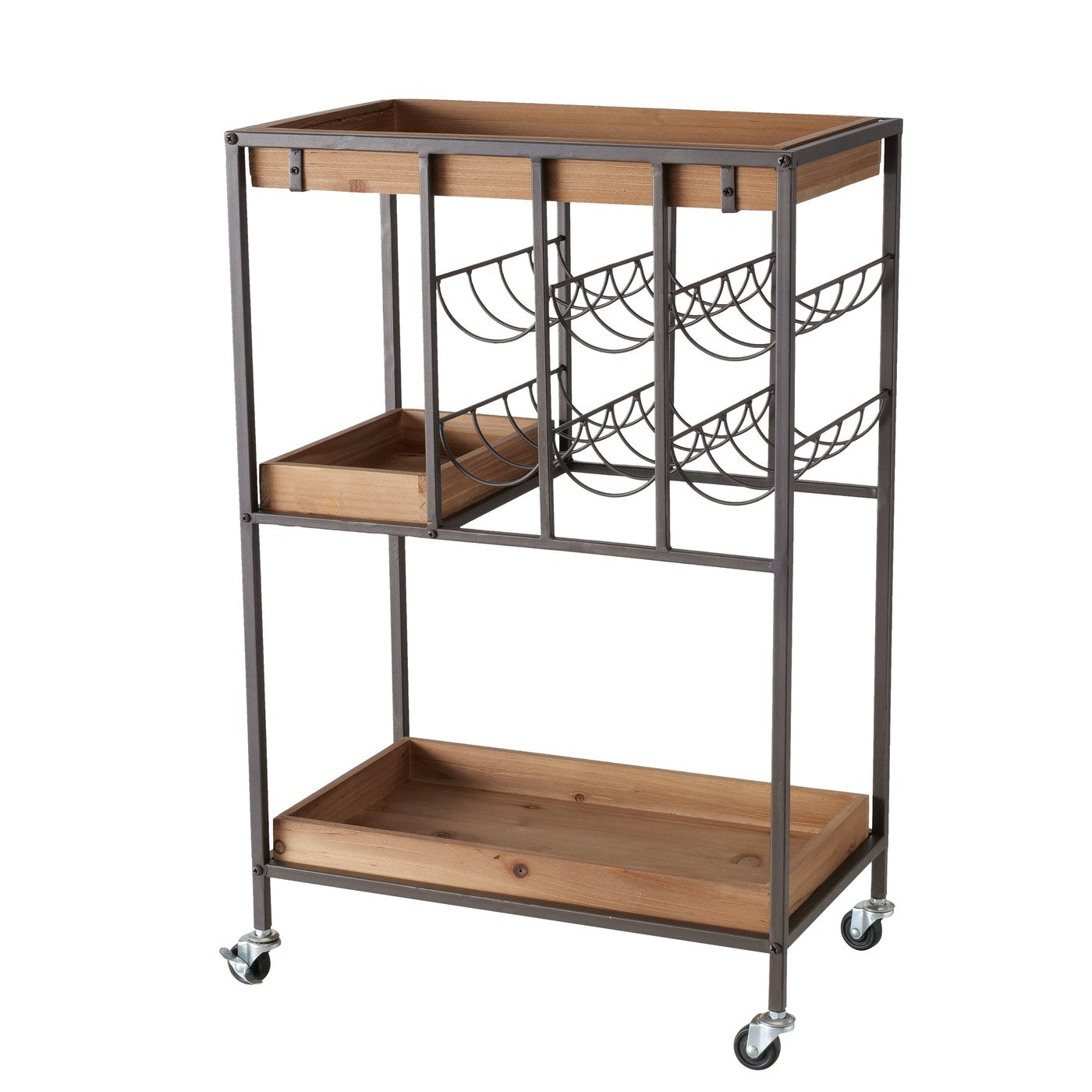 Carucior de bucatarie cu suport de sticle, maro/negru, din MDF si fier, Minola Boltze, 1, hectarul.ro