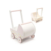 Hectarul - Carucior papusa gondola cu impingator din lemn, roz, 46 x 35.5 x 35.5 cm