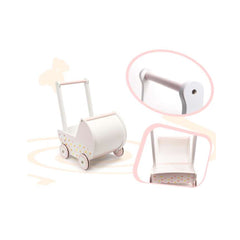 Carucior papusa gondola cu impingator din lemn, roz, 46 x 35.5 x 35.5 cm