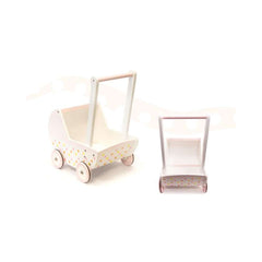 Carucior papusa gondola cu impingator din lemn, roz, 46 x 35.5 x 35.5 cm