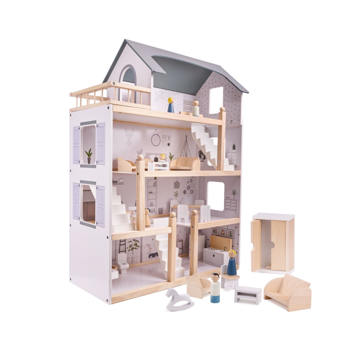 Casa de papusi din lemn cu mobila , 61.5 x 27 x 83 cm, 1, hectarul.ro