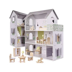 Casa de papusi din lemn cu mobila gri, 60 x 24 x 70 cm