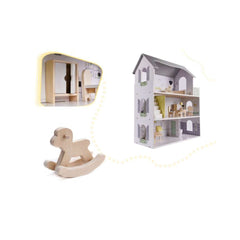 Casa de papusi din lemn cu mobila gri, 60 x 24 x 70 cm