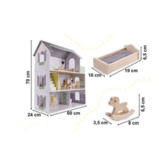 Casa de papusi din lemn cu mobila gri, 60 x 24 x 70 cm
