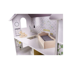 Casa de papusi din lemn cu mobila gri, 60 x 24 x 70 cm