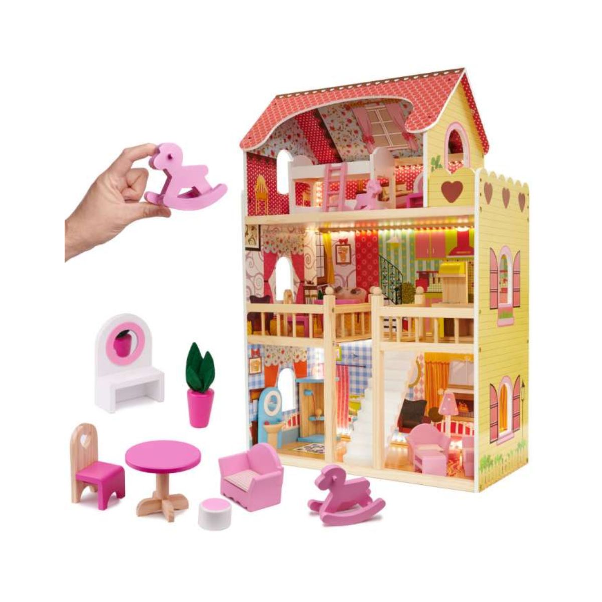 Casa de papusi din lemn cu mobila roz cu LED, 59 x 30 x 90, 1, hectarul.ro