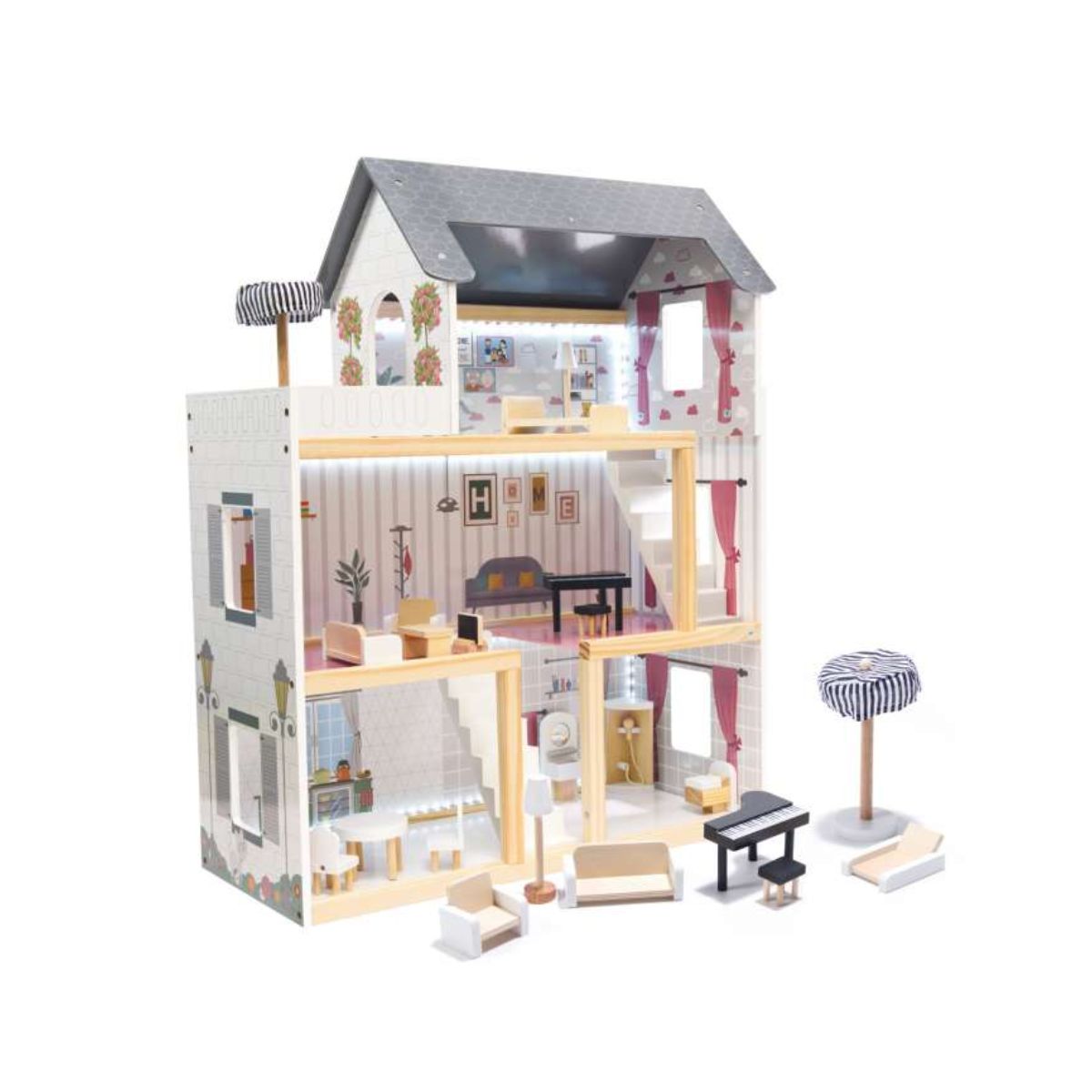 Casa de papusi din lemn MDF cu mobila neagra cu LED, 62 x 27 x 78 cm, 1, hectarul.ro