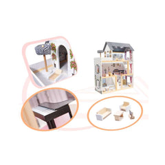 Casa de papusi din lemn MDF cu mobila neagra cu LED, 62 x 27 x 78 cm