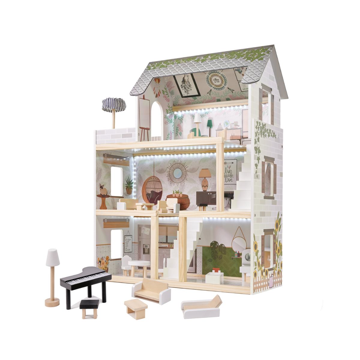 Casa de papusi din lemn stil boho, FLORO, LED, LIULO, 1, hectarul.ro