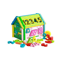 Casuta de jucarie din lemn cu 5 tipuri de activitati educative, multifunctionala, 16 x 13.5 x 19.5 cm, WD 2032