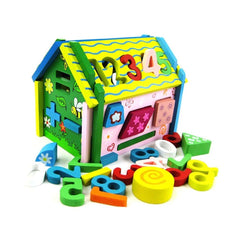 Casuta de jucarie din lemn cu 5 tipuri de activitati educative, multifunctionala, 16 x 13.5 x 19.5 cm, WD 2032