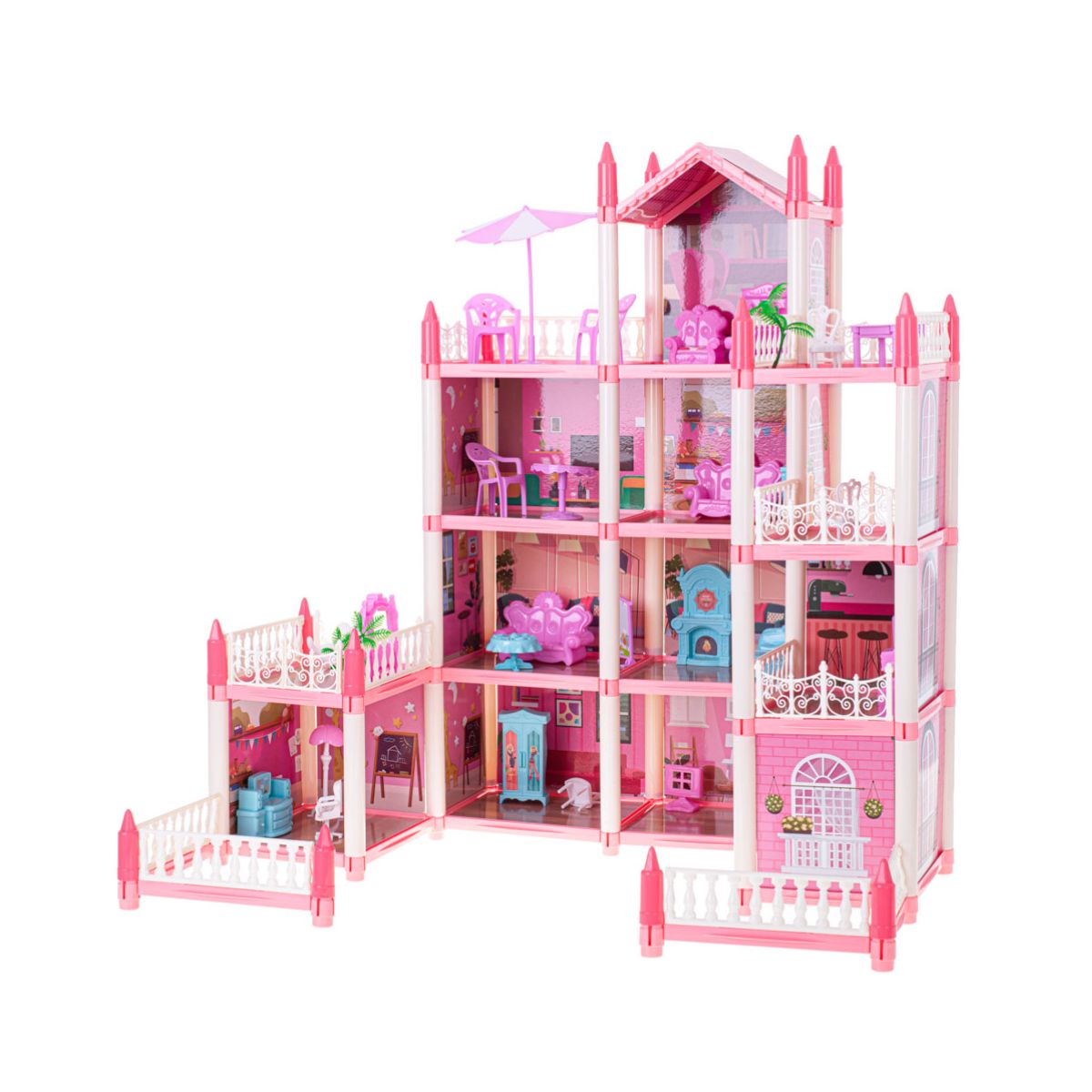Casuta de papusi DIY, roz, cu 4 nivele , mobiler si accesorii, 1, hectarul.ro