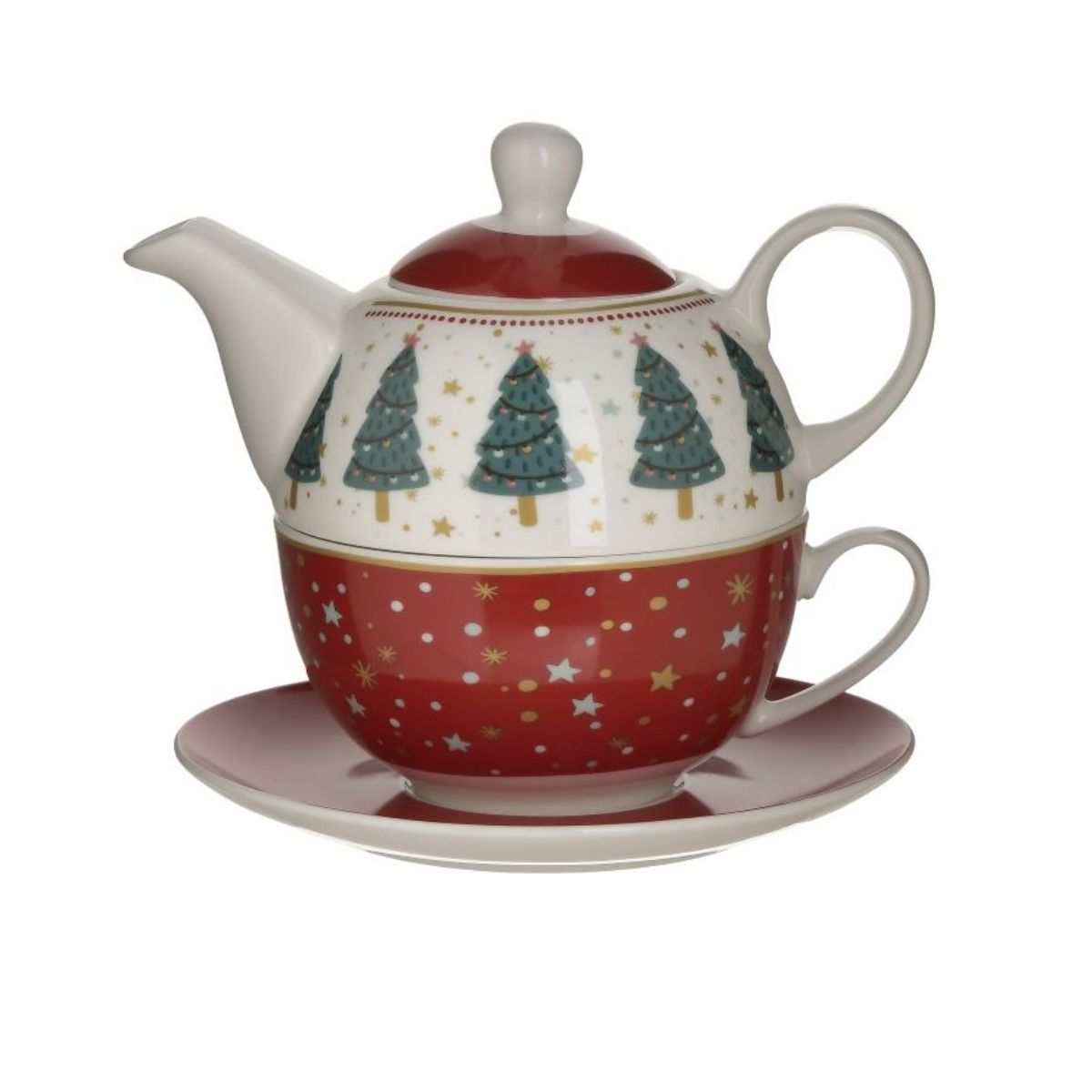 Set ceainic si ceasca din portelan, motiv Craciun, Rosu, 380CC/250CC 15X15X14 cm, INART, 1, hectarul.ro