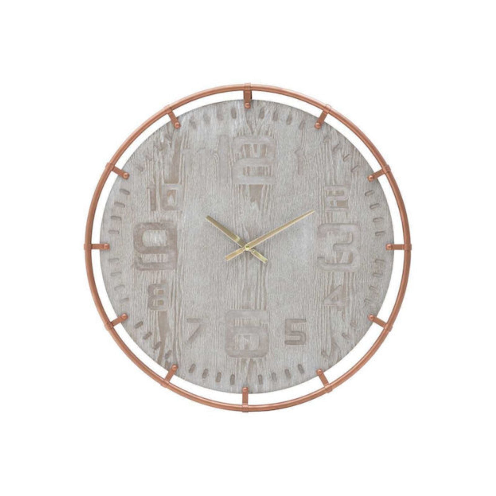 Ceas de perete din lemn si metal, bej cu bronz, 60x5, 1, hectarul.ro