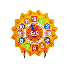 Ceas din lemn pentru copii, Puzzle Sunflower Clock cu forme geometrice, WD 9558-B